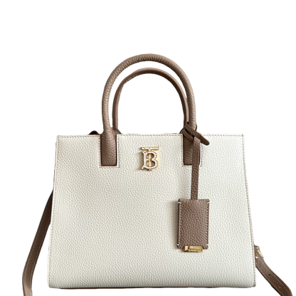 Elegant White/Pink Burberry Handbag With Brown Accents And Signature TB Logo For Sophisticated Style Style No.0441