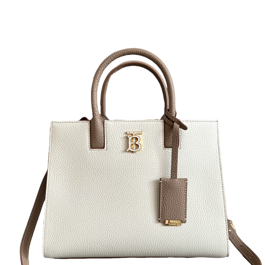 Elegant White/Pink Burberry Handbag With Brown Accents And Signature TB Logo For Sophisticated Style Style No.0441