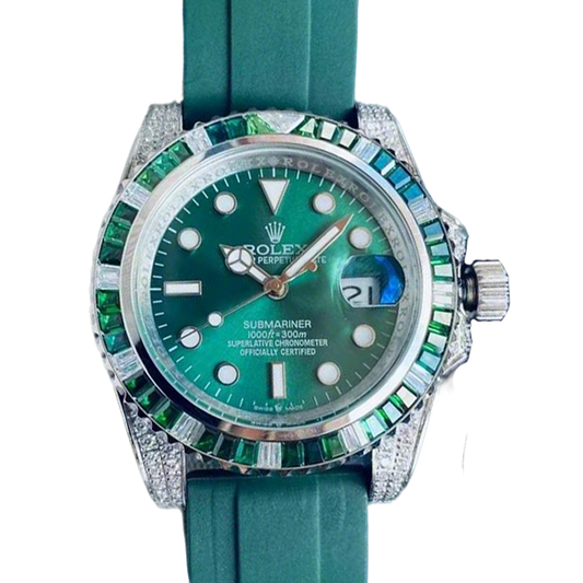 Luxury Rolex Submariner Watch With Green Dial Gem - Set Bezel And Rubber Strap