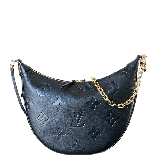 Louis Vuitton Black Embossed Leather Moon Bag With Gold Chain Stylish Luxury Shoulder Accessory