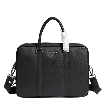 Prada Black Leather Briefcase With Iconic Logo For Professional Style P5183-1