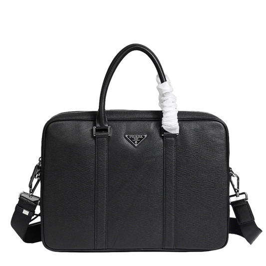 Prada Black Leather Briefcase With Iconic Logo For Professional Style P5183-1