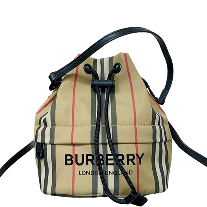 Classic Beige Burberry Striped Bucket Bag With Drawstring Closure And Leather Straps Style No.1151