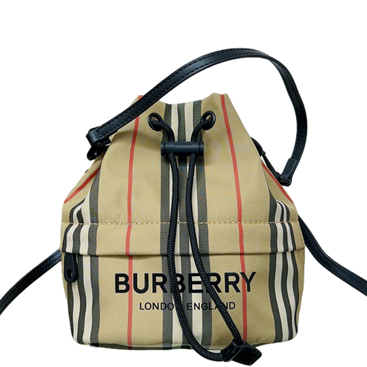 Classic Beige Burberry Striped Bucket Bag With Drawstring Closure And Leather Straps Style No.1151