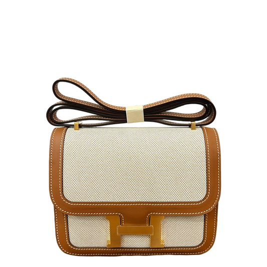 Stylish Hermès Constance - Inspired Canvas and Leather Crossbody Bag with Gold H Buckle 1922