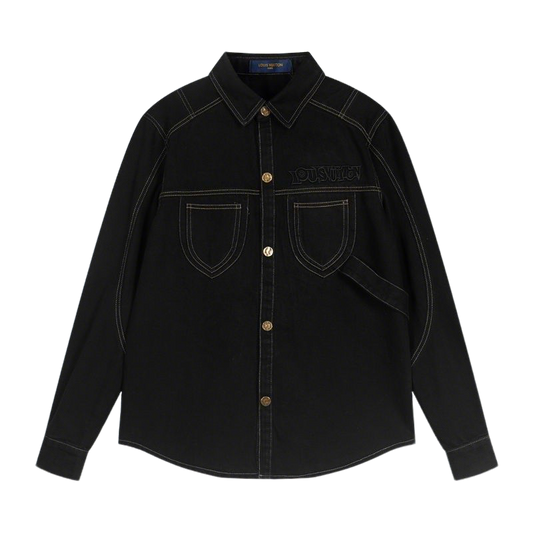 Louis Vuitton Black Denim Jacket With Gold Buttons And Embroidered Logo