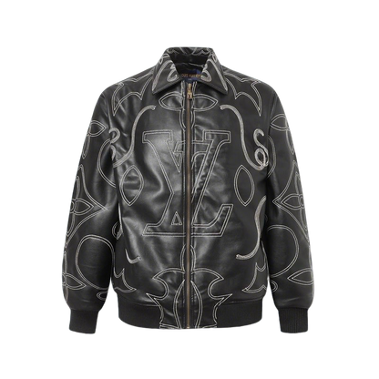 Louis Vuitton Black Leather Jacket With White Stitched Monogram Patterns