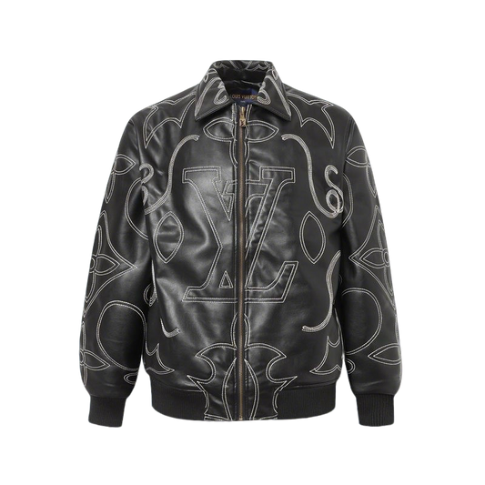 Louis Vuitton Black Leather Jacket With White Stitched Monogram Patterns