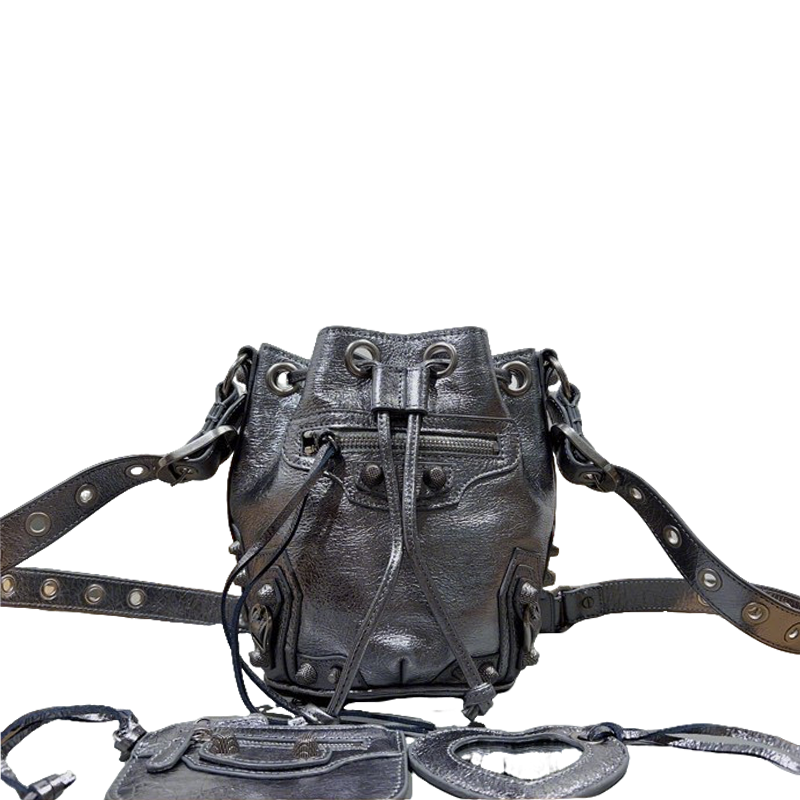 Metallic Black Balenciaga Bucket Bag with Adjustable Straps and Matching Pouch for Stylish Functionality Style No.3032