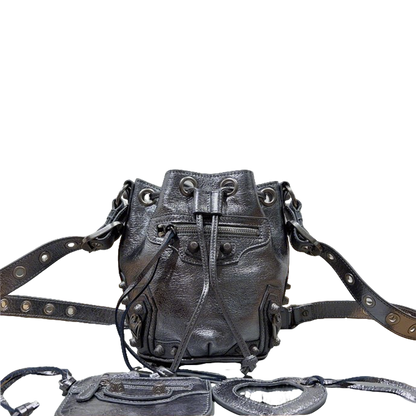 Metallic Black Balenciaga Bucket Bag with Adjustable Straps and Matching Pouch for Stylish Functionality Style No.3032