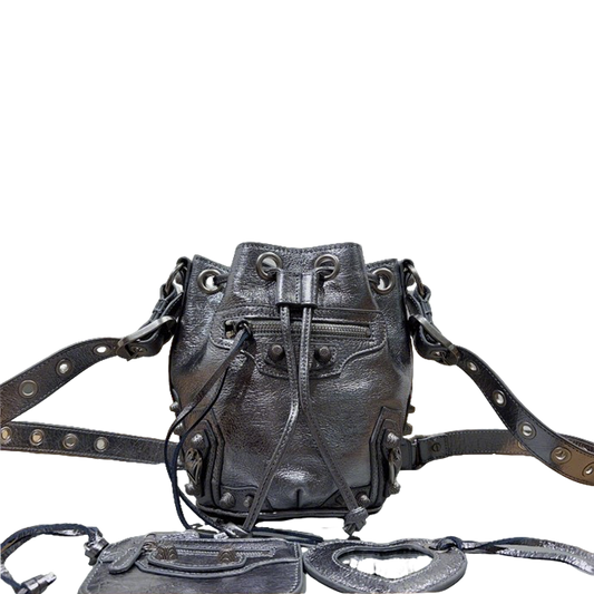 Metallic Black Balenciaga Bucket Bag with Adjustable Straps and Matching Pouch for Stylish Functionality Style No.3032