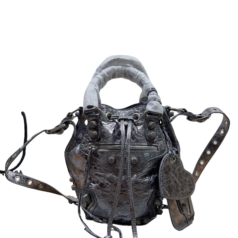 Metallic Balenciaga Bucket Bag with Studs and Adjustable Straps for Edgy Fashion Style No.3033