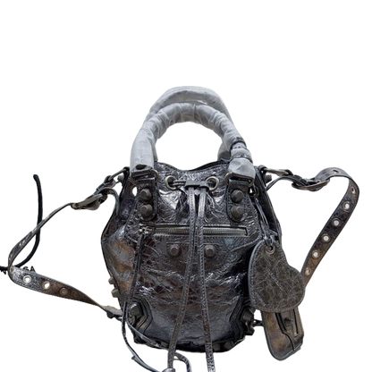 Metallic Balenciaga Bucket Bag with Studs and Adjustable Straps for Edgy Fashion Style No.3033