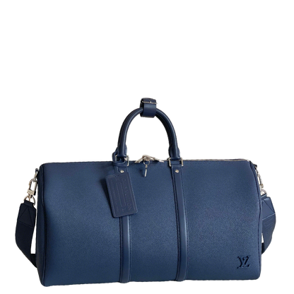 Louis Vuitton Blue Leather Keepall Travel Bag Stylish Durable Weekend Duffle for Luxury Trips