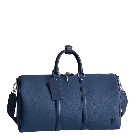 Louis Vuitton Blue Leather Keepall Travel Bag Stylish Durable Weekend Duffle for Luxury Trips