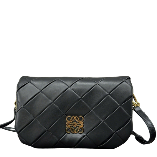 Loewe  Puffer Goya  Black Quilted Leather Crossbody Bag With Gold Logo Accent 062465