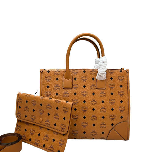 MCM Brown Visetos Coated Canvas Tote Set With Matching Pouch 273815