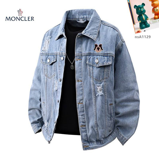Stylish Moncler Distressed Denim Jacket with Inner Tee