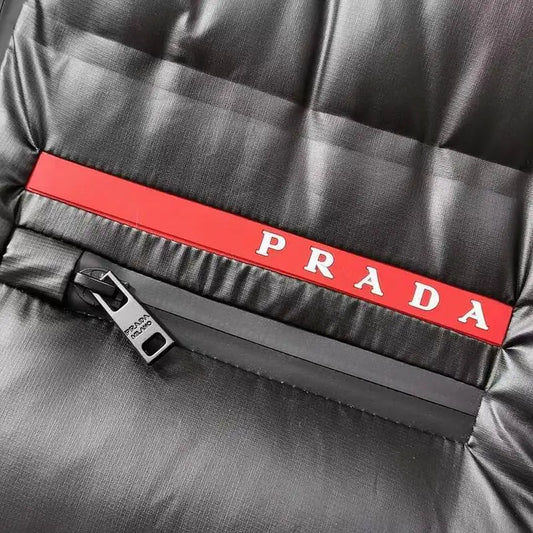 Prada Men's Black Puffer Vest With Brand Details And Zipper Pockets