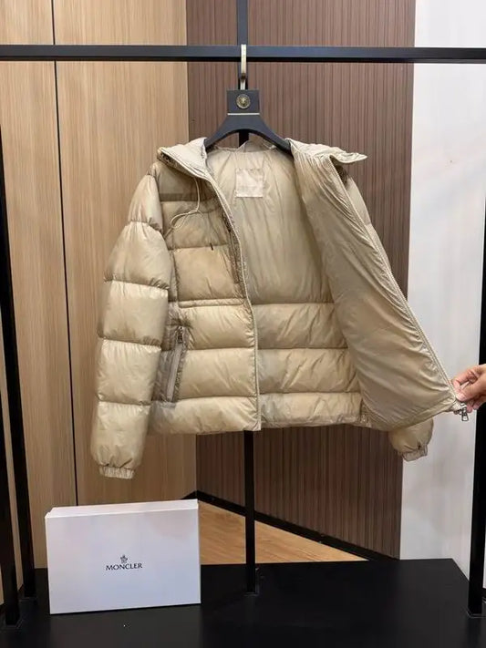 Moncler Women's Beige Hooded Down Jacket For Chic Winter Warmth