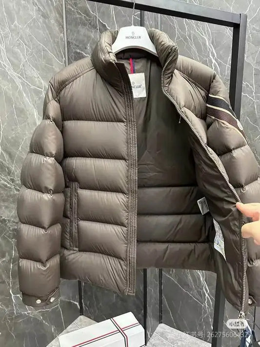 Moncler Men's Brown Quilted Down Jacket With Stand Collar And Sleeve Stripes