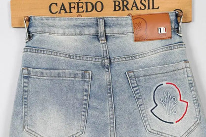 Moncler Men's Jeans in Light Shade with Distinctive Logo Embroidery