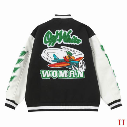 Off - White Inspired Black and White Varsity Jacket with Green Embroideries