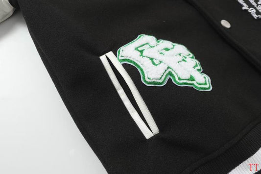 Off - White Inspired Black and White Varsity Jacket with Green Embroideries