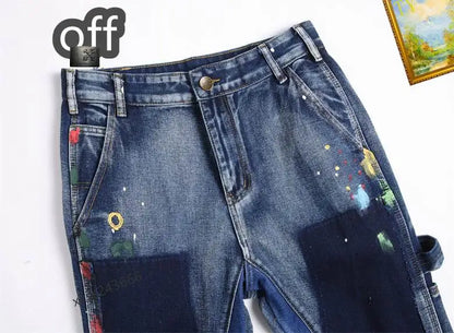 Off - White Men's Jeans With Artistic Paint Splatter And Patchwork Design