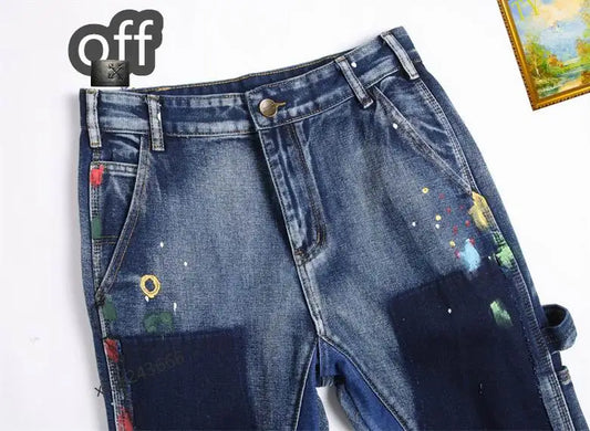 Off - White Men's Jeans With Artistic Paint Splatter And Patchwork Design