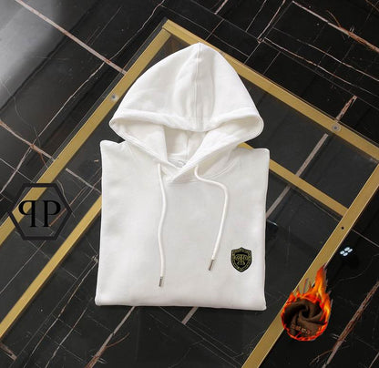 Philipp Plein White Hoodie With Embroidered Badge Logo And Classic Hooded Silhouette