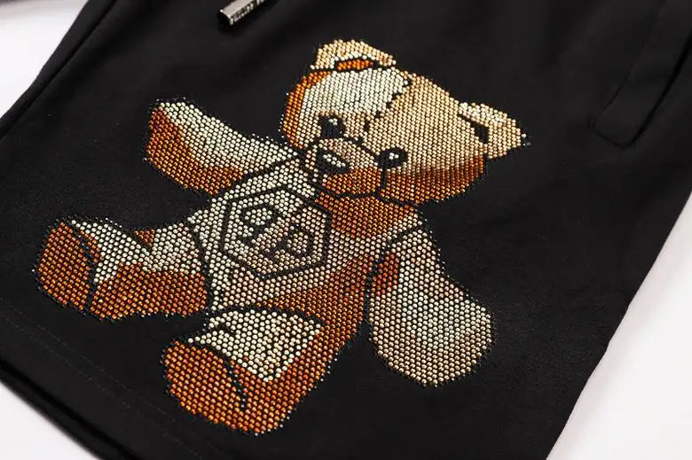Philipp Plein Men's Black Shorts With Rhinestone Teddy Bear Design