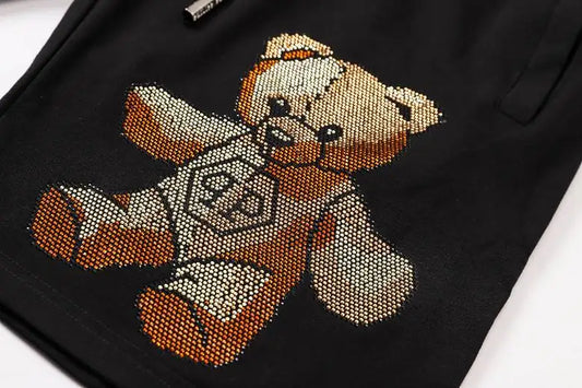 Philipp Plein Men's Black Shorts With Rhinestone Teddy Bear Design
