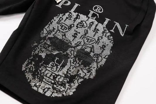 Philipp Plein Men's Black Shorts With Rhinestone Skull Logo