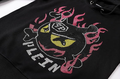 Philipp Plein Black Hoodie With Embellished Devil Character And Flame Design
