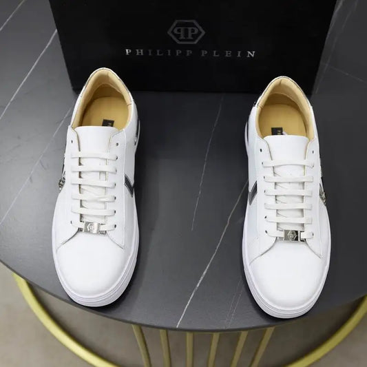 Philipp Plein White Leather Sneakers With Silver Logo Details