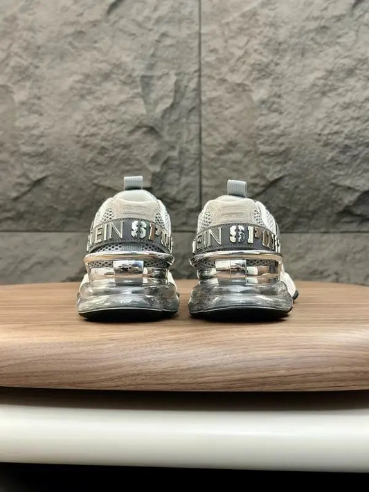 Philipp Plein Grey Mesh Athletic Sneakers With Transparent Heel Design
