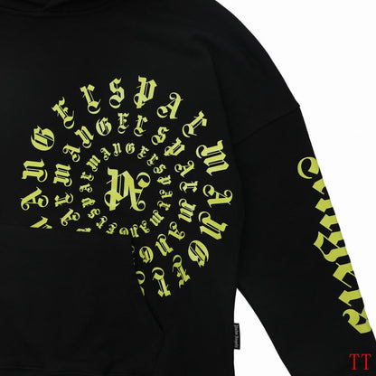 Palm Angels Black Hoodie With Neon Green Spiral Letter Pattern And Hooded Style