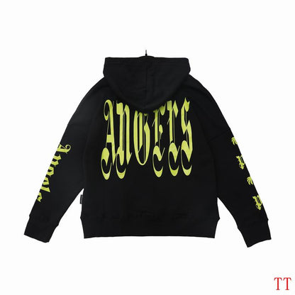 Palm Angels Black Hoodie With Neon Green Spiral Letter Pattern And Hooded Style