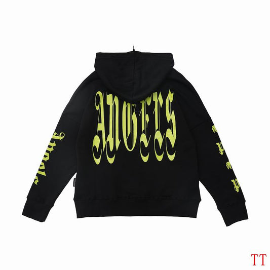 Palm Angels Black Hoodie With Neon Green Spiral Letter Pattern And Hooded Style