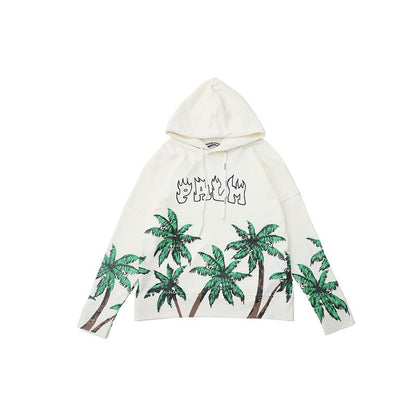 Palm Angels Cream Hoodie with Palm Tree Prints and Flame - styled Palm Lettering