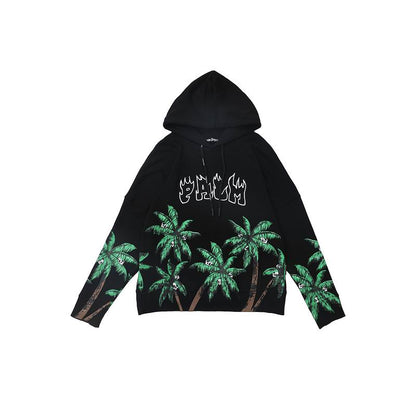Palm Angels Cream Hoodie with Palm Tree Prints and Flame - styled Palm Lettering