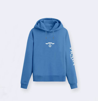 Prada Navy Blue Hoodie With Signature Logo Badge And Branding On Sleeve