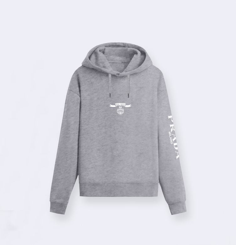 Prada Navy Blue Hoodie With Signature Logo Badge And Branding On Sleeve