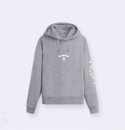 Prada Navy Blue Hoodie With Signature Logo Badge And Branding On Sleeve