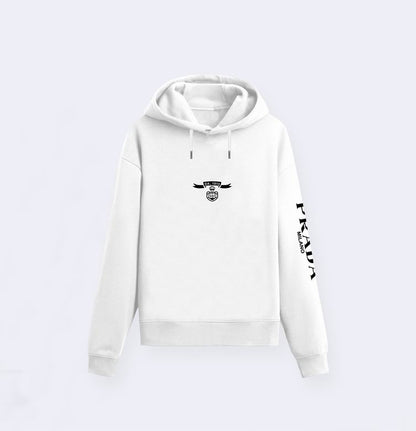 Prada Navy Blue Hoodie With Signature Logo Badge And Branding On Sleeve