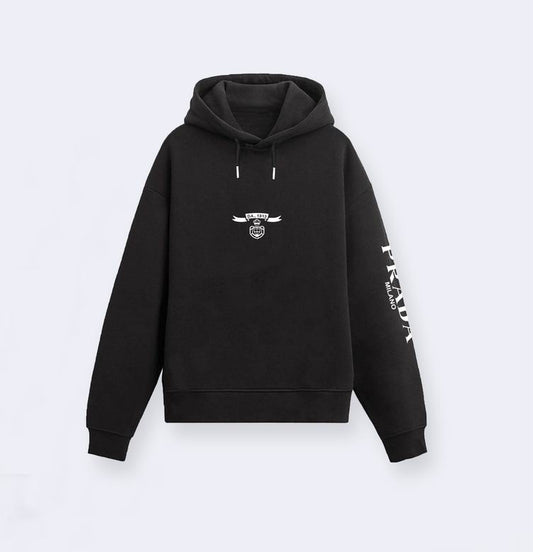 Prada Navy Blue Hoodie With Signature Logo Badge And Branding On Sleeve