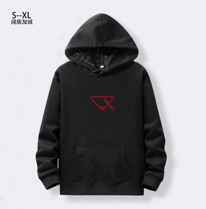 Prada Gray Hoodie With Iconic Red Triangle Logo And Cozy Hooded Design