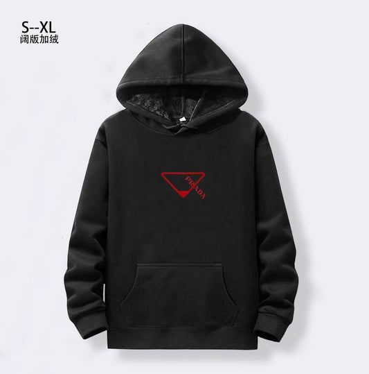 Prada Gray Hoodie With Iconic Red Triangle Logo And Cozy Hooded Design