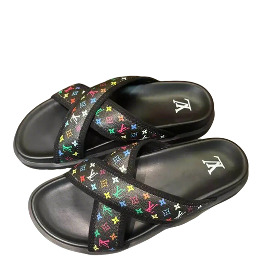 Louis Vuitton Men's Colorful Monogram Cross Strap Slide Sandals